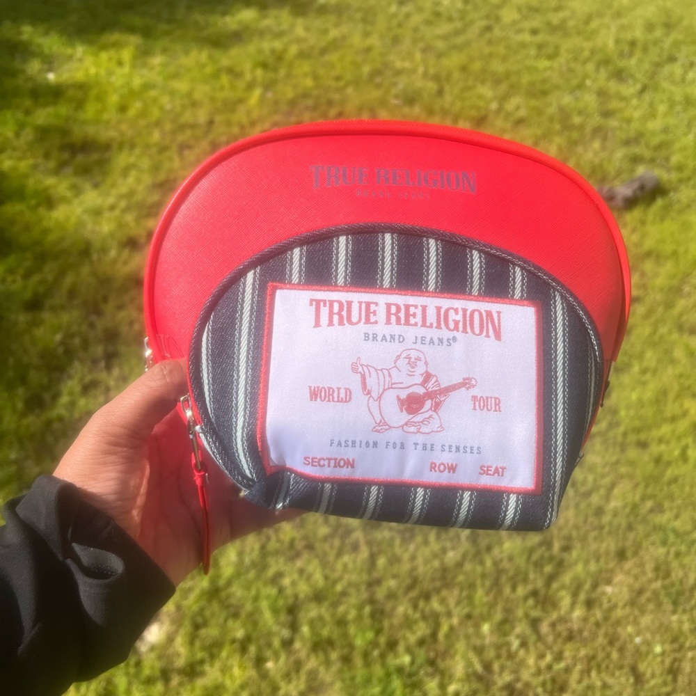 True Religion Red and Black Striped Cosmetic Pouch Set